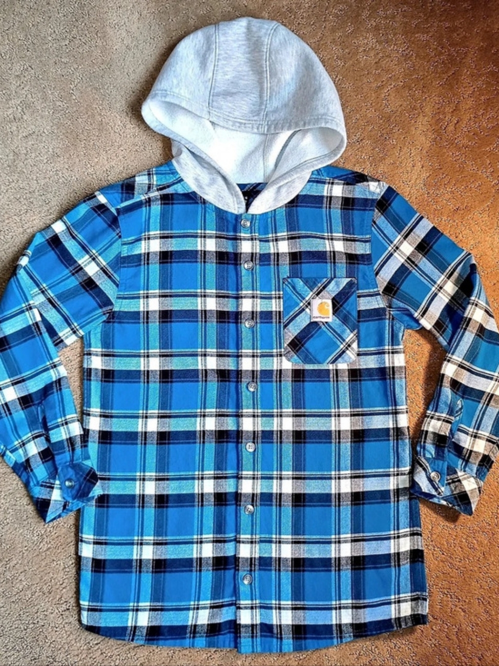 Carhartt Boy's Long-Sleeve Flannel Button-Front Hooded Shirt Blue & White